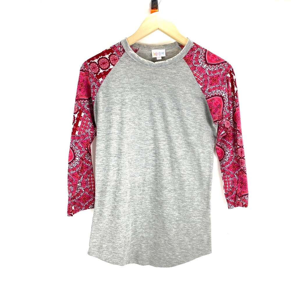 Lularoe Randy Raglan Gray 3/4 Sleeve Paisley Geometric Print Shirt Sz XXS